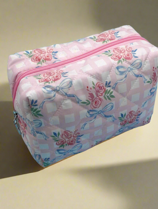 Bow Quilted Cotton Floral Cosmetic Pouch Bag