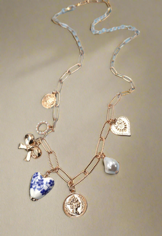 Ceramic Porcelain Bow Heart Charm Link Necklace