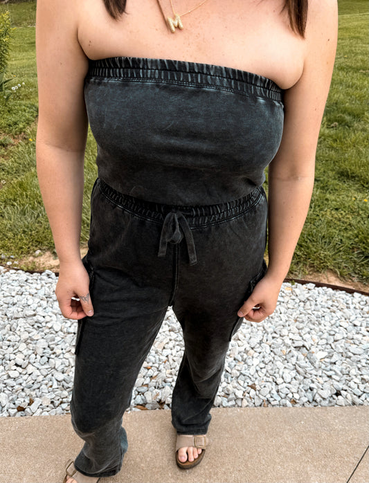 CARGO PANT ACID WASH BLACK JUMPSUIT